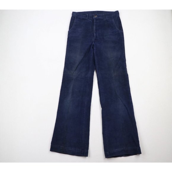 Vintage 70s Mens 30x34 Distressed Wide Leg Bell Bottom Corduroy Pants Navy USA